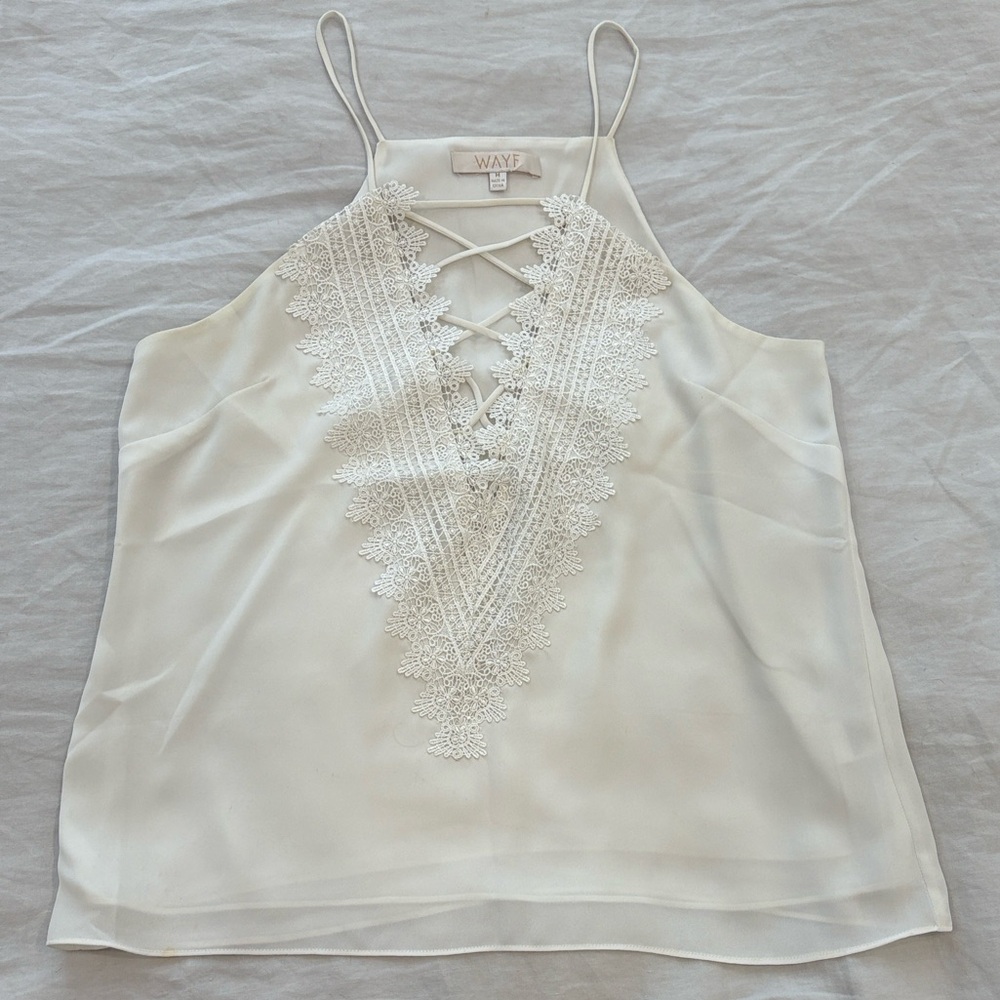 WAYF Posie White Ivory Lace-Up V-Neck Camisole, Size M